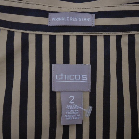 CHICO'S Top L Sz 2 Wrinkle Resist Tan/Black Stripe Button Down Blouse Cotton - Picture 7 of 9